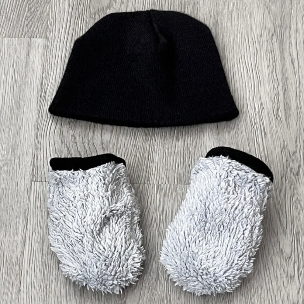 Toddler Kids Black Knit Beanie Hat & Mittens Set One Size